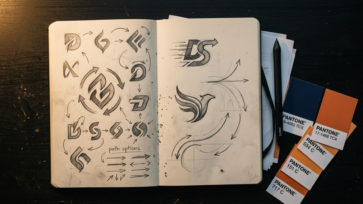 Studio de design avec carnet de croquis et outils créatifs